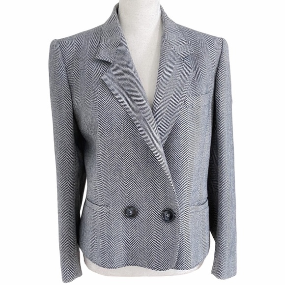 GUY LAROCHE VINTAGE WOOL BLACK WHITE CHEVRON STRIPED DOUBLE BREASTED BLAZER - 10 - Picture 1 of 9
